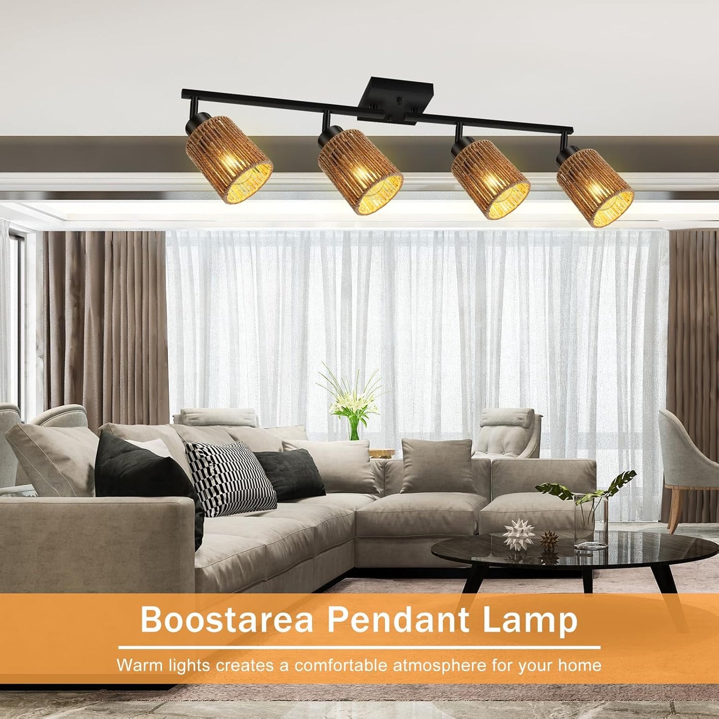 BoostArea 4 Light Track Lighting Kit, 4 Way Ceiling Spot Lighting with Handwoven Hemp Rope Lampshade, Flexibly Rotatable Light Head for Kitchen, Living Room, Bedroom, Bulb Not Included