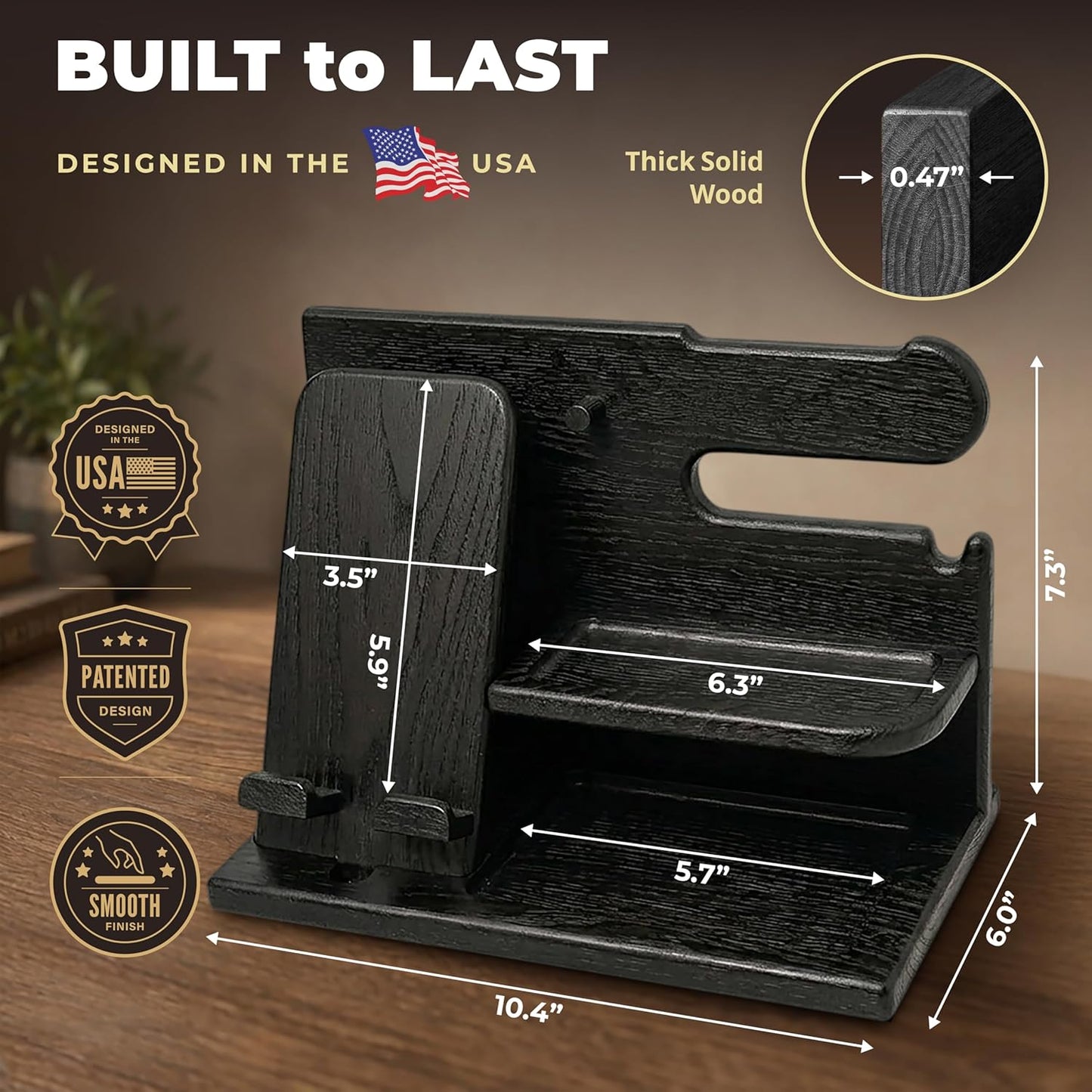 TESLYAR Wood Phone Docking Station for Men - Desk or Nightstand Organizer - Birthday Gifts for Husband, Dad - Anniversary Idea from Wife - Key Holder, Stand Wallet, Watch & Essentials (Granite Black)