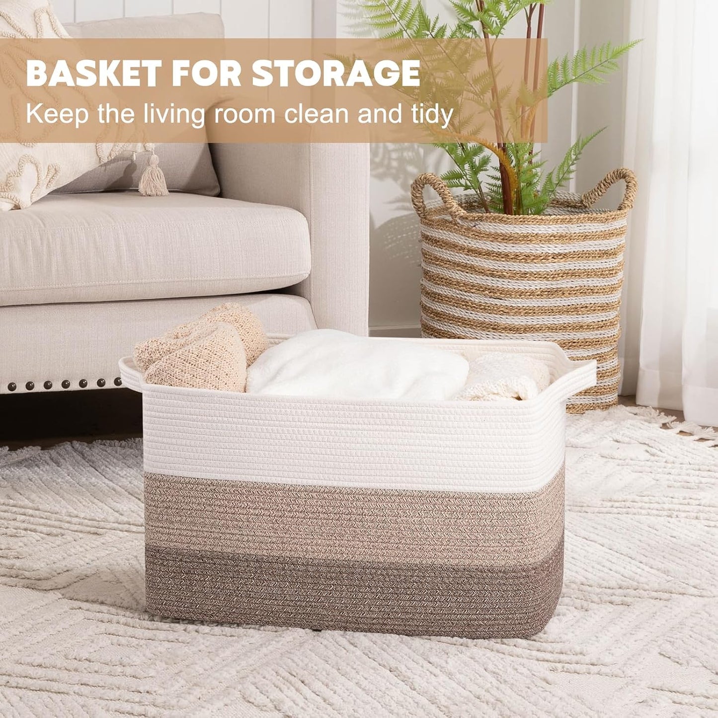 OIAHOMY Extra Large Blanket Basket, 95L Woven Storage Basket, Cotton Rope Toy Bin for Baby Room, Container for Storage in Living Room, 24''×17''×14'', Gradient Brown
