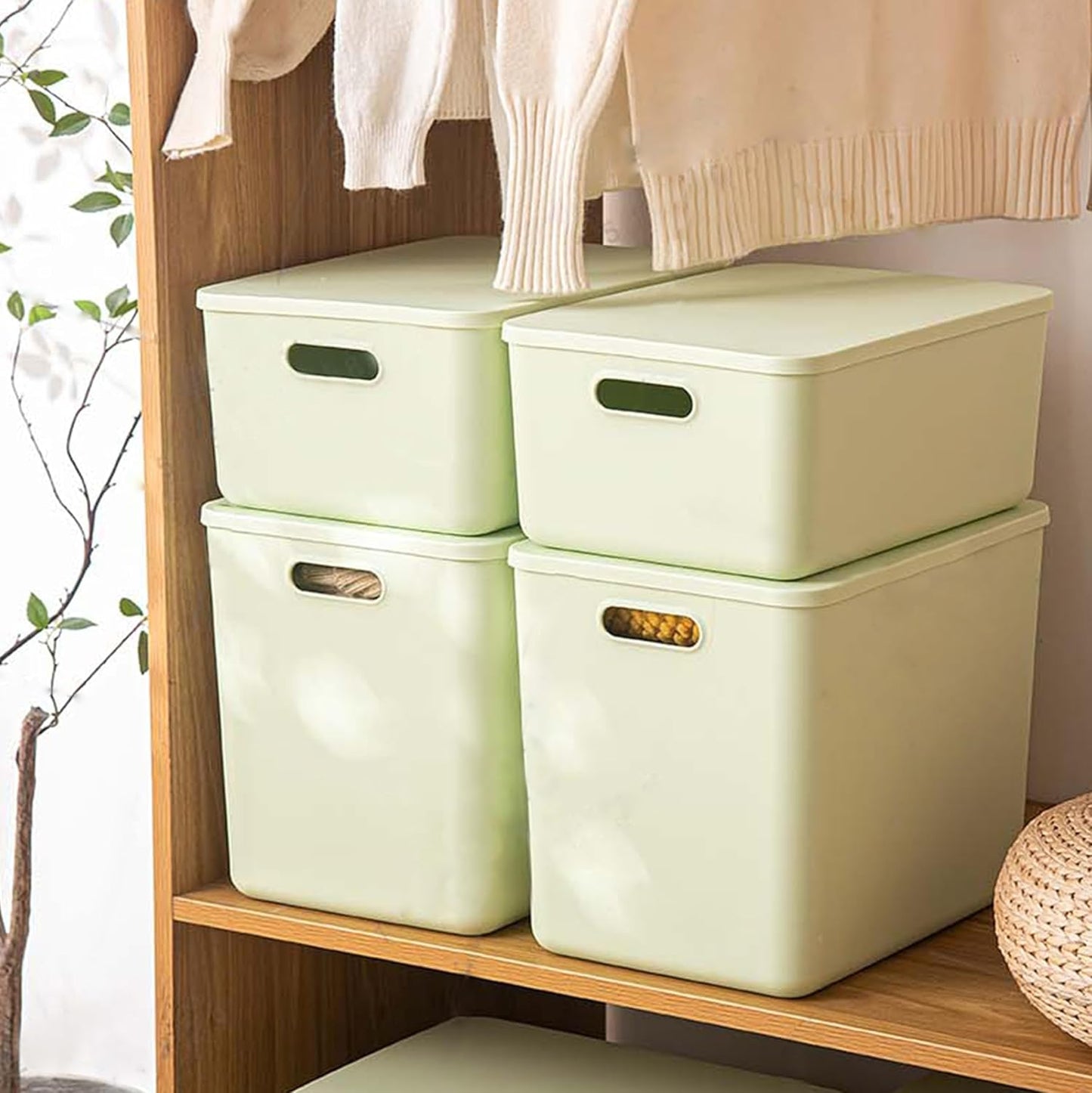 4 pack large plastic White storage bins with Lids, Toy Box Chest with Handle，Organizer Containers Baskets for Baby,Nursery，Shelves，Playroom, Bedroom，Office,Closet，home (Light Green, 4M)