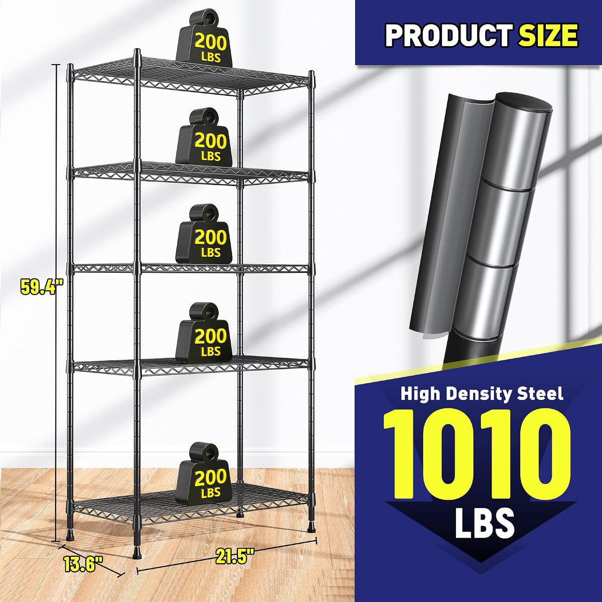 Romorgniz 5 Tier Wire Shelving Unit, 13.6"D x 21.5"W x 59.4"H, Pantry, 2PCS