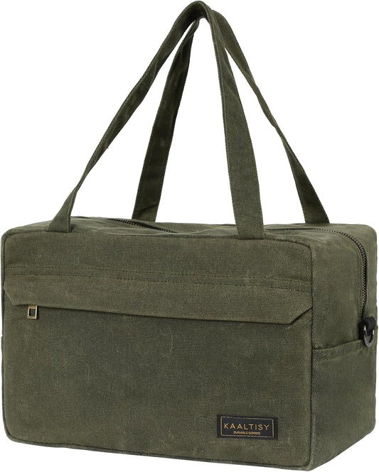 16OZ Waxed Canvas Tool Storage Bag, Heavy Duty Hand Tools Organizer with Hidden Zipper Pocket & 4 Internal Slots & Carrying Handle | Army Green | Multi-Purpose Tool Bag for Mechanic Electrics - S