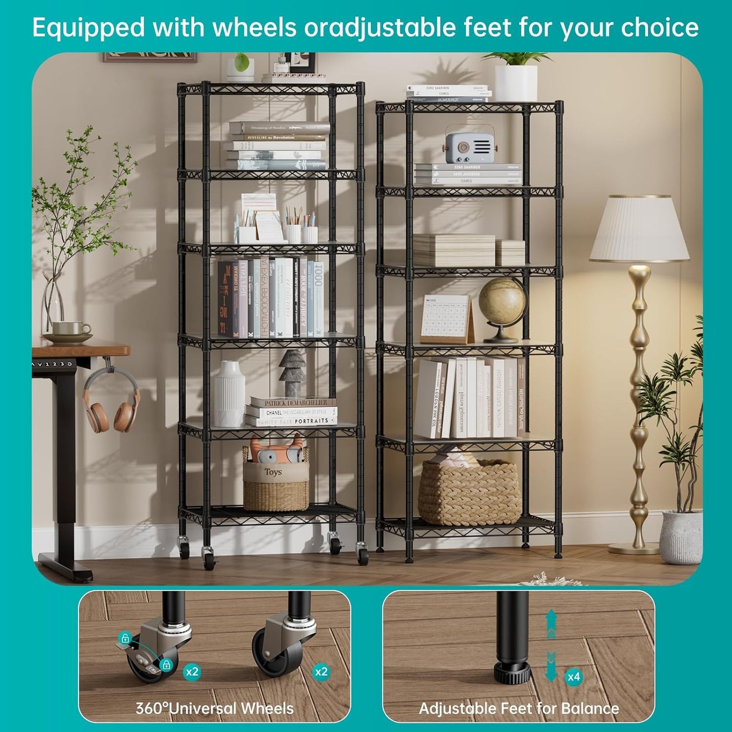 SINGAYE 6 Small Shelf Storage Wire Shelves Closet Bathroom Organizers Metal Pantry Kitchen Garage Shelving Unit Laundry Room Organization Home Narrow Rack Net Basket with Wheels Black