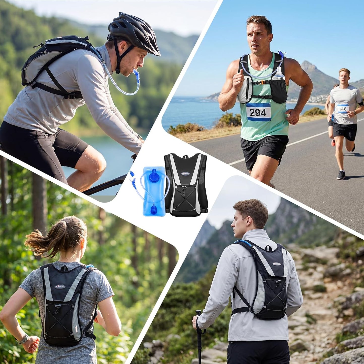 KUYOU Running Hydration Vest - Lightweight Insulated Hydration Backpack with 2L Water Bladder, Adjustable Chest Straps and Reflective Water Backpack for Running Marathon Race Hiking Cycling