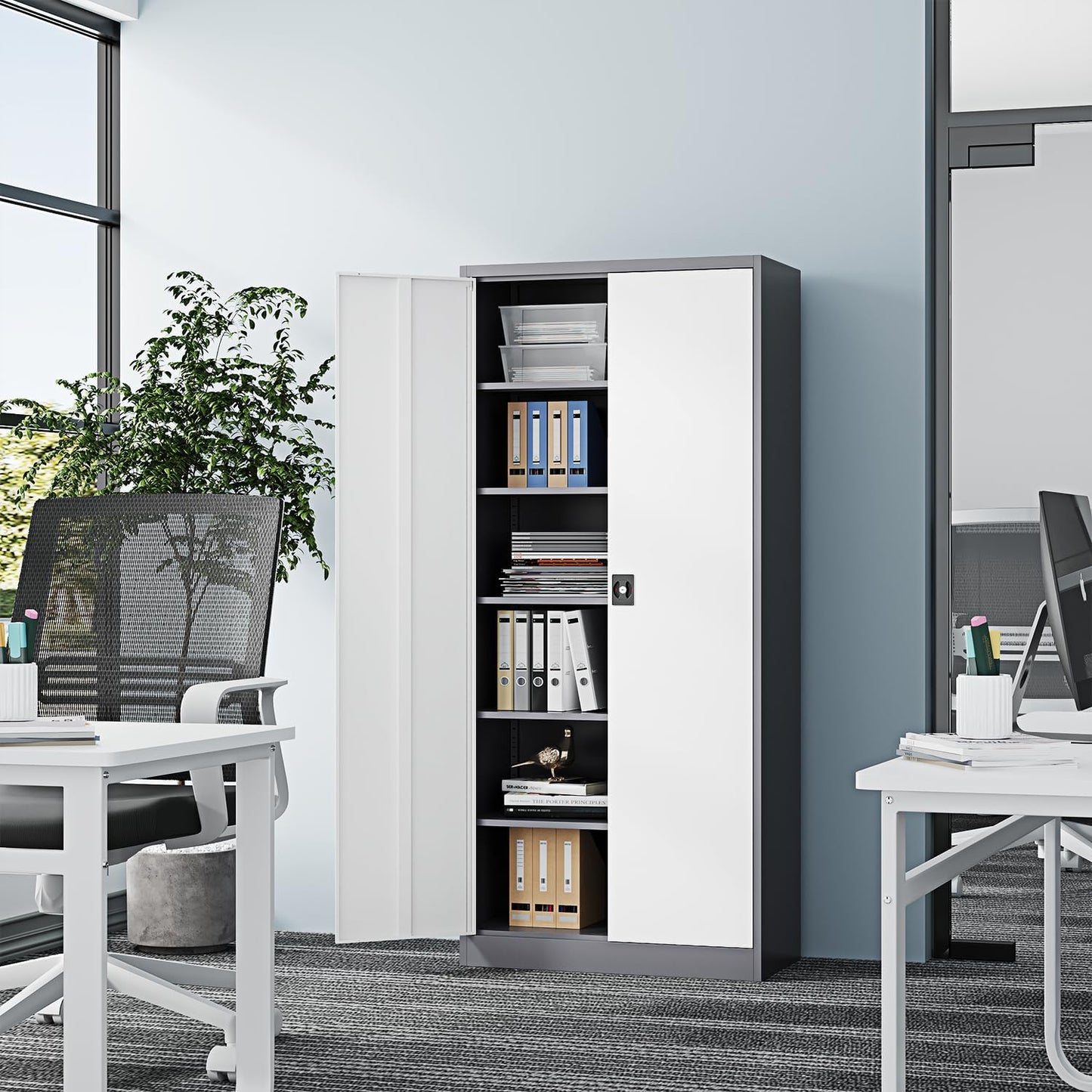 Fesbos Metal Storage Cabinet-71” Tall Steel File Cabinets with Lockable Doors and Adjustable Shelves-Gray&White Steel Storage Cabinet for Home,Kitchen, School, Office, Garage