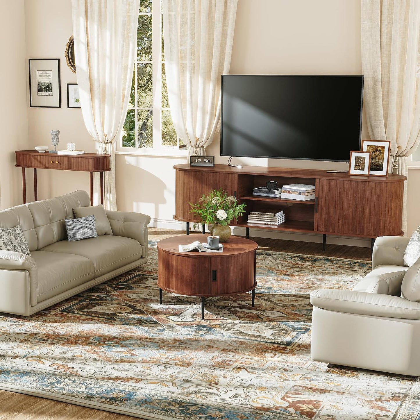 ARTPOWER 31.5" Round Coffee Table with Storage Mid Century Brown Walnut | Easy Assembly,Solid Walnut,Heavy Duty,Flip Top Storage,Fluted Tambour Door,Water&Scratch Resistant Easy Clean,110lbs Capacity