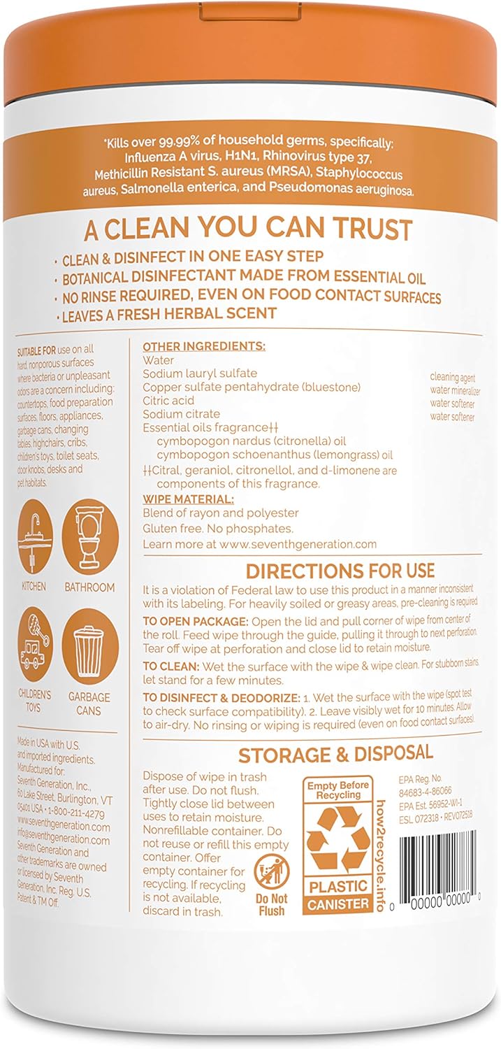 Seventh Generation Disinfecting Wipes, Lemongrass Citrus, 70 Count, 6 Pack, Botanical Multi-Surface Cleaner Kills 99.9% Germs, No Bleach, Plant-Based Formula for Home, Kitchen, Bathroom, Car Interior