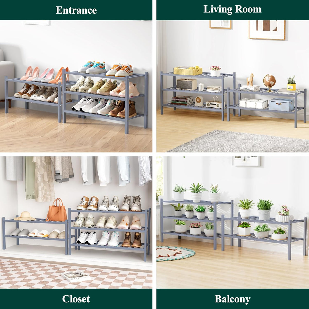 Smiry Bamboo Shoe Rack for Closet, 6 Tier - 26.77" Wide, Grey