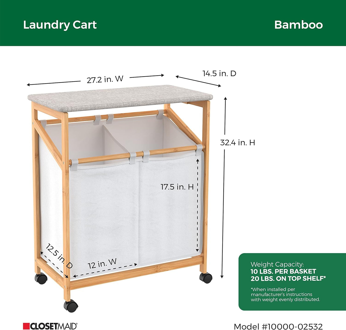 ClosetMaid Bamboo Laundry Hamper Cart with Ironing Board Folding Station, Dual Compartments with Divider, Portable Laundry Sorter, Natural Finish