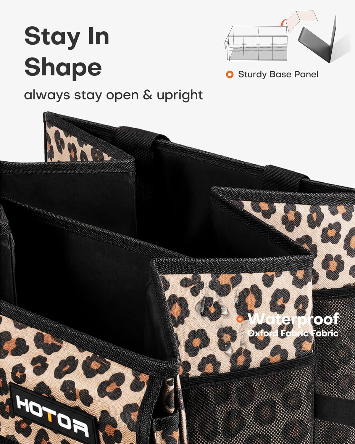 HOTOR Trunk Organizer - Car Organizer, Foldable Trunk organizer for SUVs & Sedans, Sturdy Car Organization for Car Accessories, Tools, Sundries, Brown Leopard, 2 Compartments, 21.3"×12.6"×10.6"