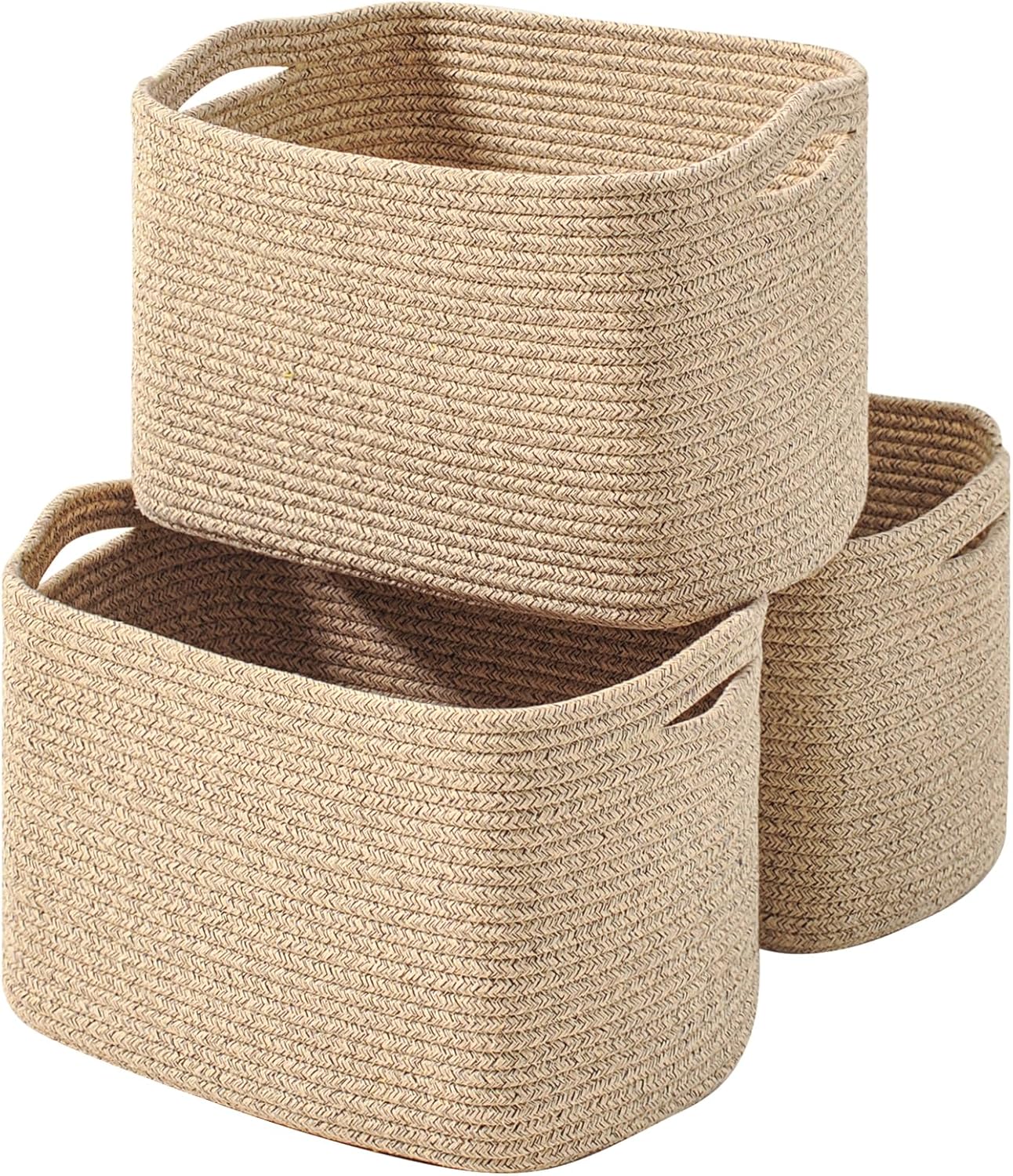 ICERZCZ Decorative Storage Baskets for Organizing Shelves, Toy Basket for Nursery, Woven Cotton Rope Baskets for Decor, Towel Basket for Bathroom, 15"x11"x9.5", 3 Packs, Brown