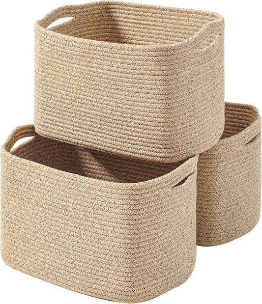 ICERZCZ Decorative Storage Baskets for Organizing Shelves, Toy Basket for Nursery, Woven Cotton Rope Baskets for Decor, Towel Basket for Bathroom, 15"x11"x9.5", 3 Packs, Brown