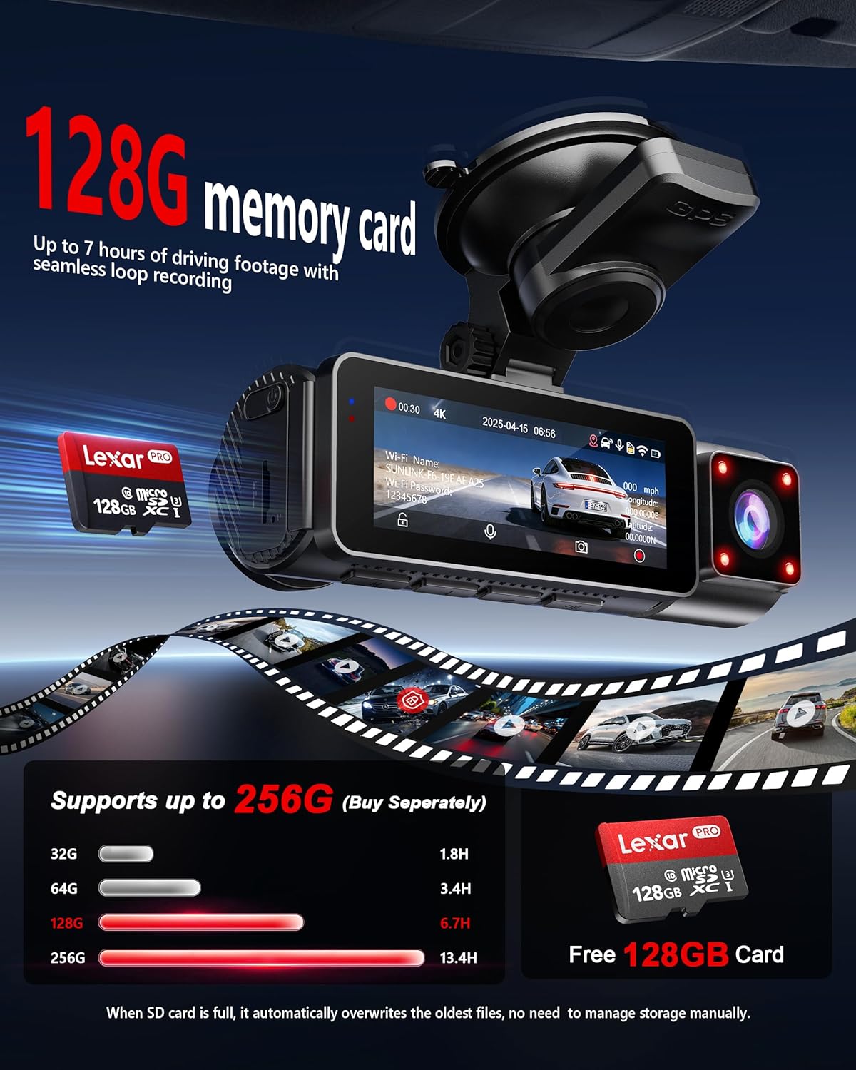 4K+2K+2K 3 Channel Dash Cam Front and Rear, 128GB Card Included, Dash Camera for Cars 5.8G/2.4G Dual Wifi, Built-in GPS, Night Vision, WDR, 170°Wide Angle, G-Sensor Emergency Lock, 24H Parking Monitor