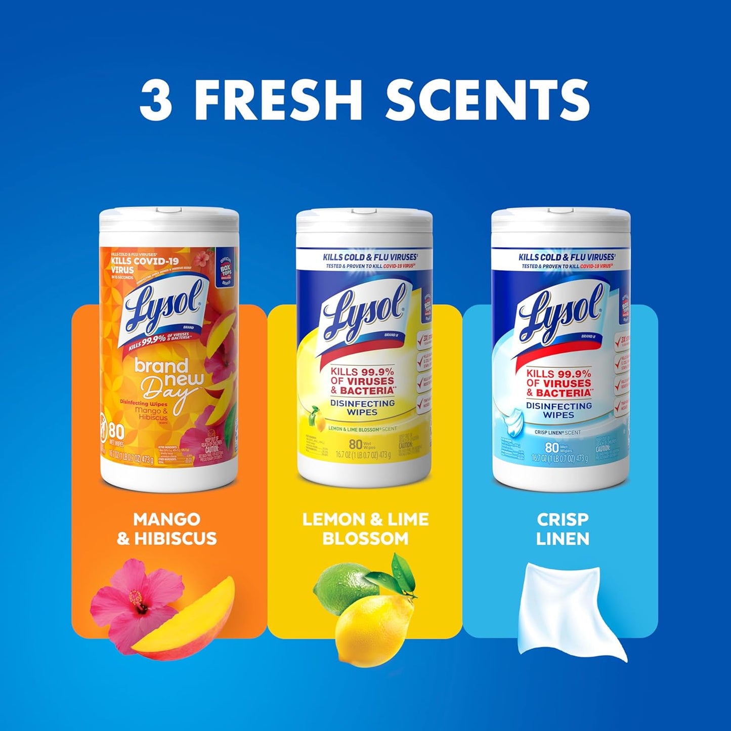 LYSOL Disinfecting Wipes, All Purpose Cleaner, Multi-Surface Antibacterial Cleaning Wipes, Household Cleaning Supplies, Dorm Essentials, Lemon + Crisp Linen + Mango & Hibiscus Scent, 80 ct. (3 Pack)