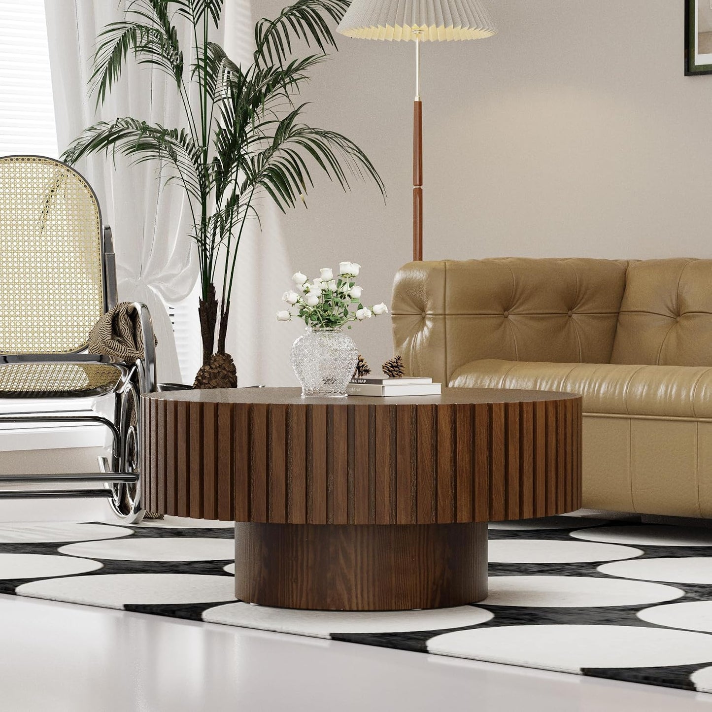 31.5'' Round Coffee Table (Round Brown) | Modern Handcraft Drum Coffee Table, Unique Fluted, Wood Center Table, For Small Space, Farmhouse Apartment Office