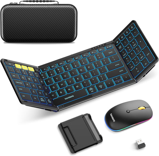 Foldable Keyboard and Mouse, Samsers Folding Bluetooth Keyboard Combo, 2.4G + BT5.0 x 2, Full-Size Portable Travel Keyboard & Rechargeable Wireless Mouse for Windows Android iOS Mac OS, Black