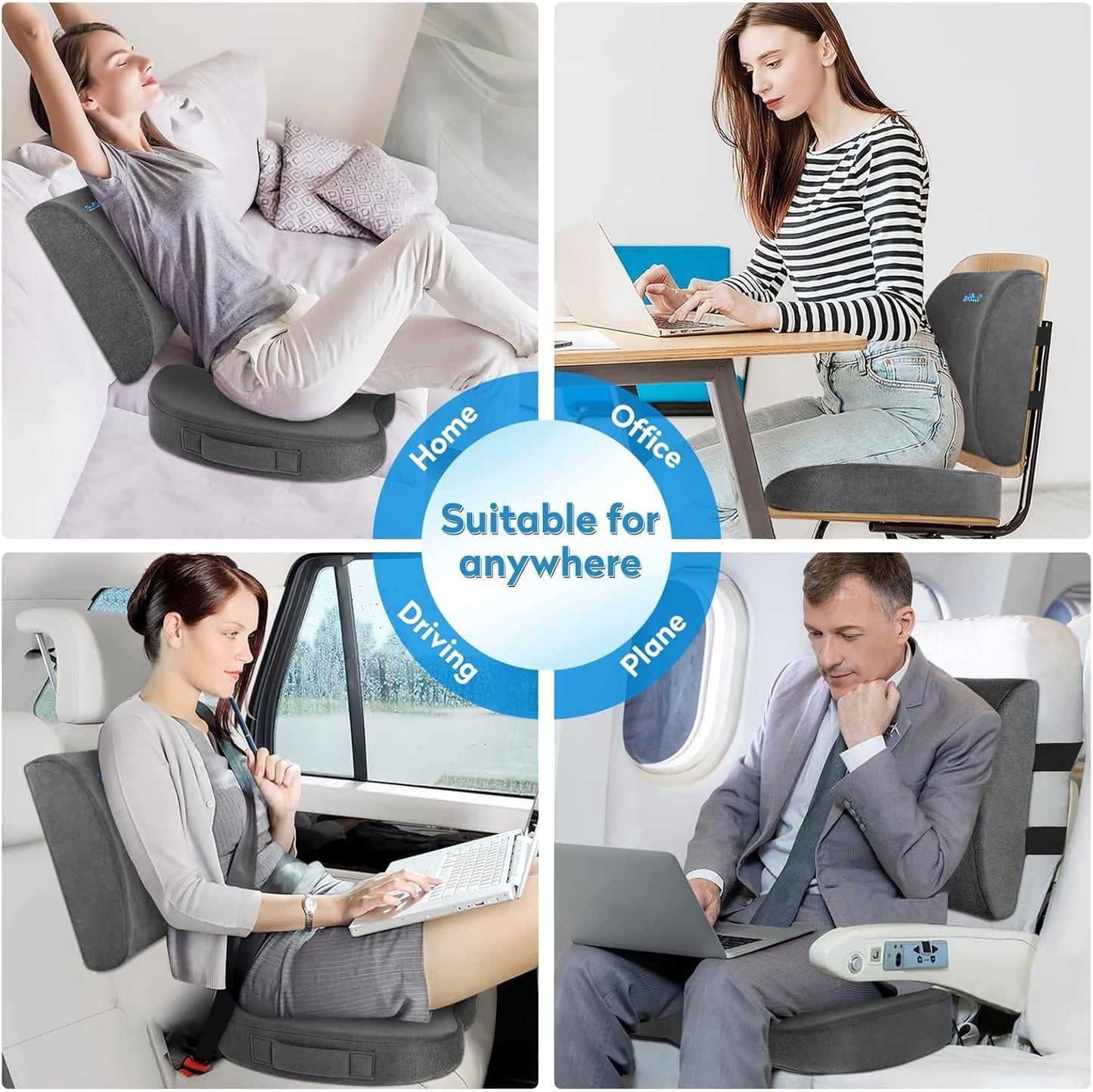 CloudBliss Lumbar Support Pillow & Seat Cushion Set for Office Chair, Desk Chair, Wheelchair & Car – Memory Foam Back Support, Ergonomic Chair Cushions, Sciatica Pain Relief, Home Essentials, Grey