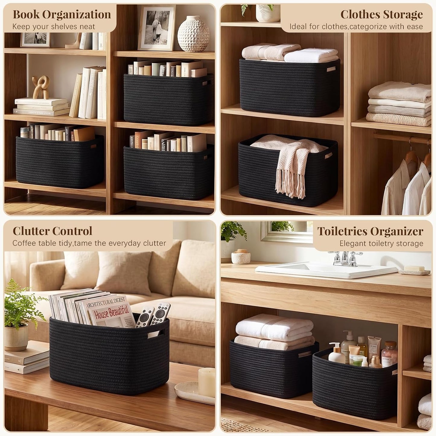 OIASKET 4Packs Natural Cotton Rope Storage Baskets for Organizing Toys, Clothes, Towels & Books, Soft Versatile Organizers for Shelves, Home Decorative Bins, 13''Lx9''Wx7.8''H, Black