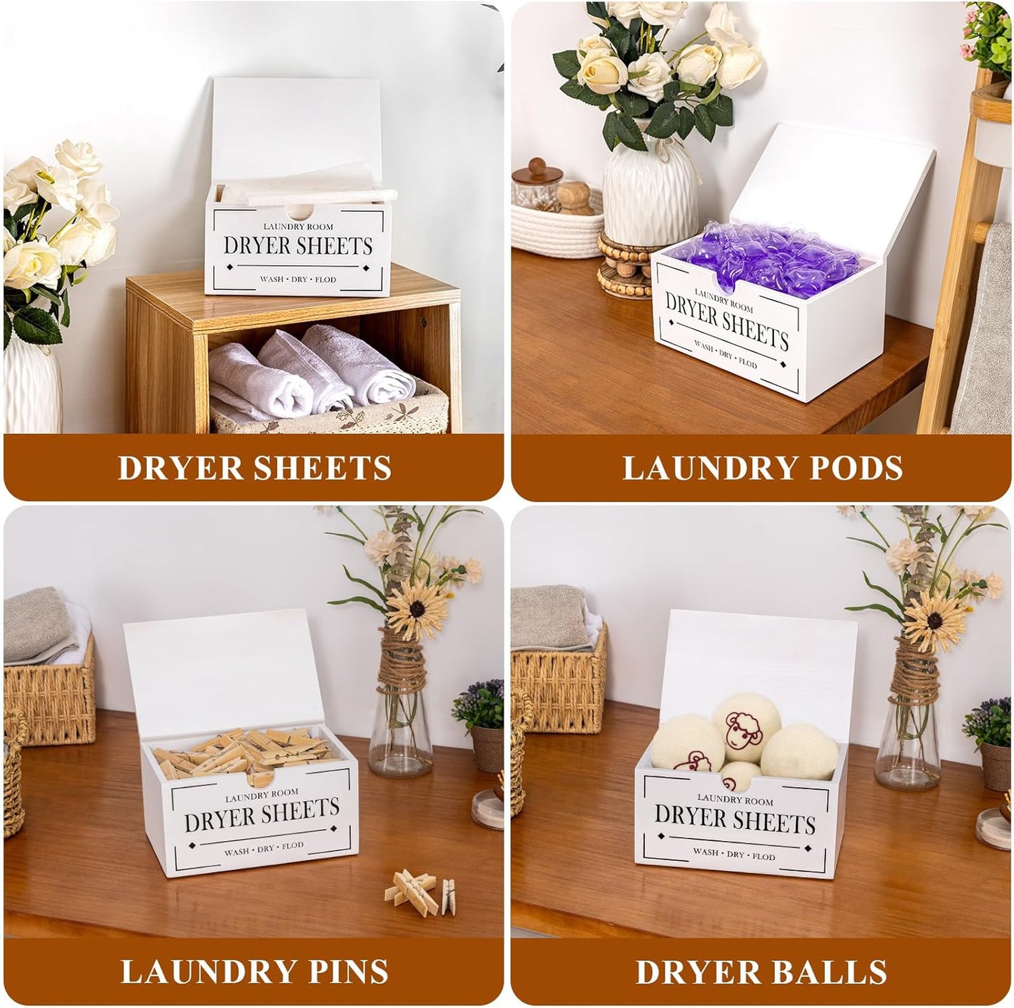 HouseJoy Dryer Sheet Holder-White Dryer Sheet Container with Lid,Rustic Farmhouse Wooden Dryer Sheet Dispenser for Fabric Softener Sheets,Laundry Room Decor Organization/Storage