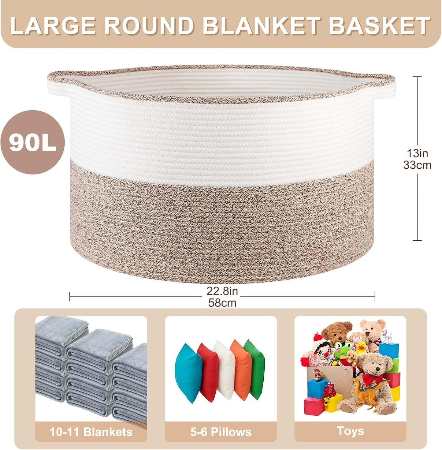 OIASKET Large Blanket Basket with Handles, 22.8" x 22.8" x 13" Woven Storage Basket for Living Room, Cotton Rope Baby Toy Storage for Clothes, Pillows, Towels-Brown & White