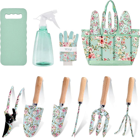 10-Piece Floral Garden Tools Set with Tote Bag, Heavy Duty Gardening Kit with Pruning Shears, Trowels, Rake, Sprayer, Kneeling Pad & Gloves - Gift for Women, Gardener, Mother's Day