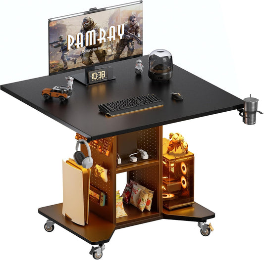 Pamray Small Rolling Gaming Desk with Led Lights Power Outlets and Storage Pegboard, Small Spaces Compact PC Computer Table Balck