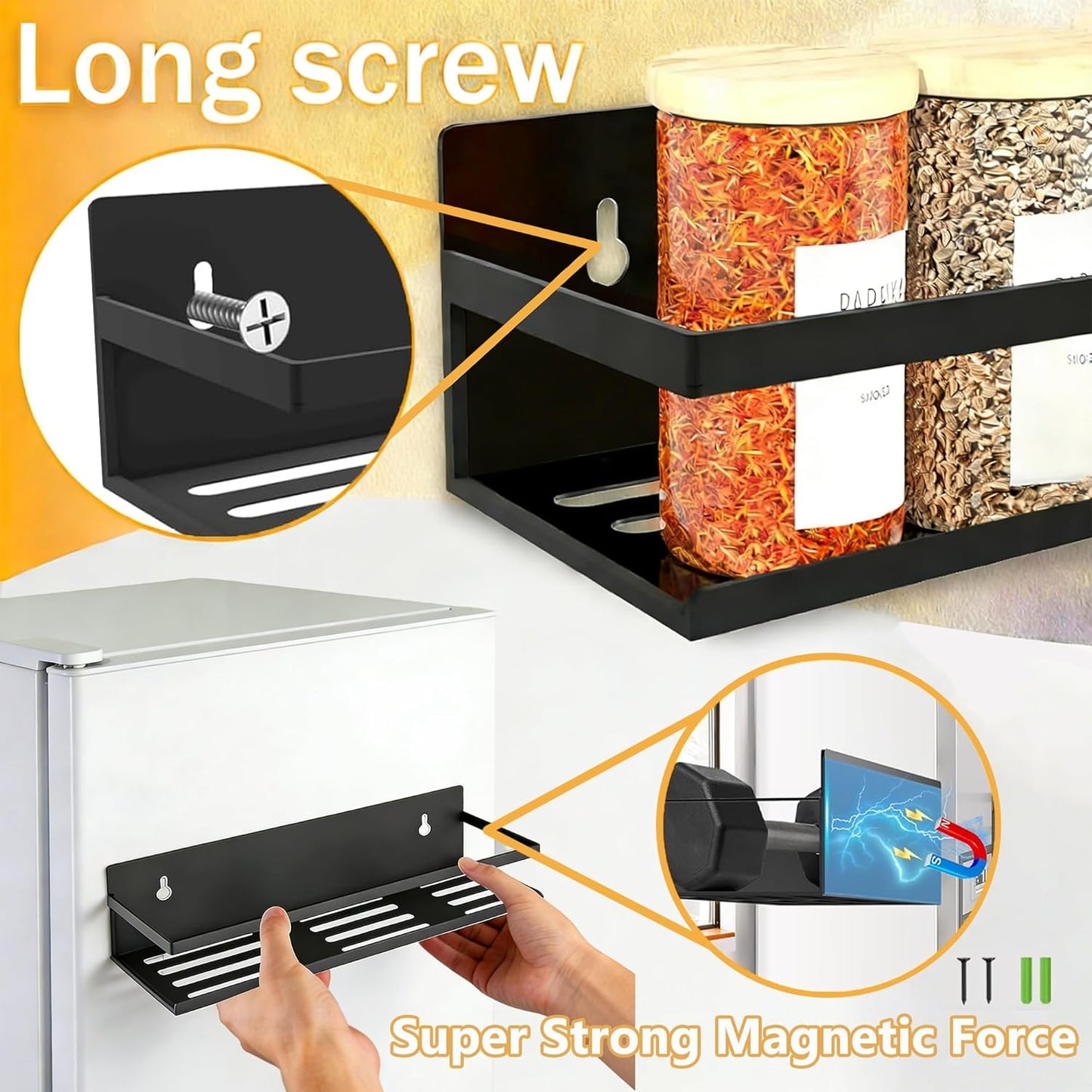SMRCAD Metal Magnetic Spice Rack for Refrigerator, 4 pack Magnetic Shelf for Fridge Space Saving Seasoning Organizer for Any Metal Surface No Drilling Needed (BLACK -cut out, 4pack)
