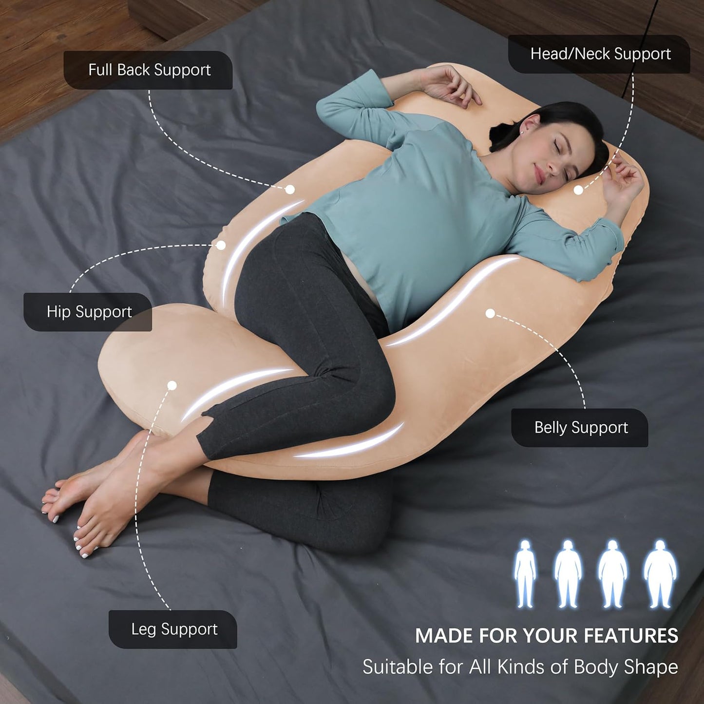 MOON PARK Pregnancy Pillows for Sleeping - U Shaped Full Body Maternity Pillow with Removable Cover - Support for Back, Legs, Belly, Hips - 57 Inch Pregnancy Pillow for Women - Brown