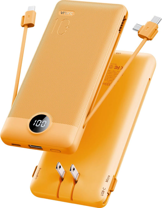 VRURC Portable Charger Built-in Cables and AC Wall Plug, USB C Power Bank 10000mAh, Travel Battery Phone Charger Compact Lightweight External Battery Pack for Smart Phones, Tablets etc-Orange