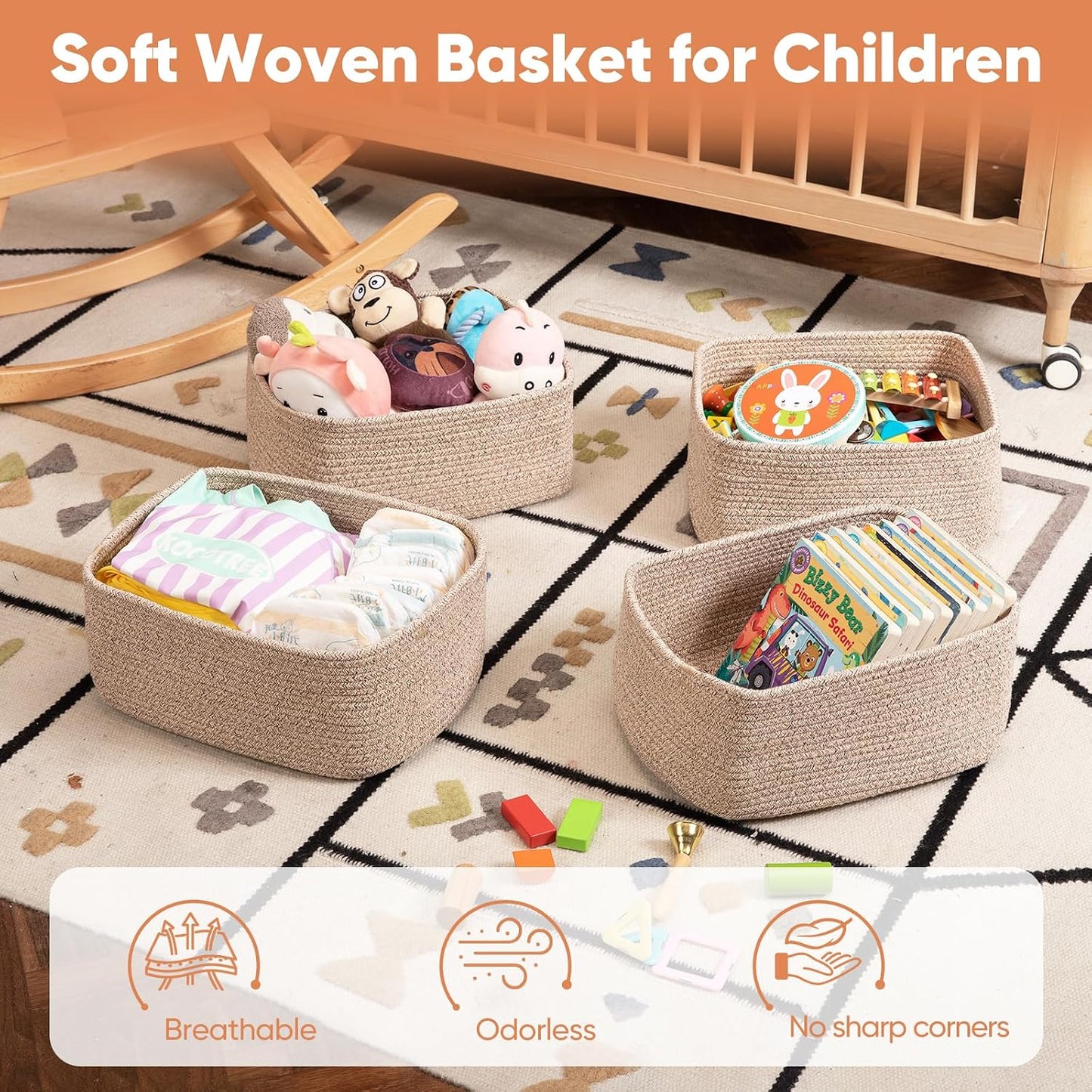 OIAHOMY 4 Pack 14.17 * 11.02 * 6.3IN Storage Baskets for Organizing Shelves, Woven Rope Baskets for Organizing Books, Clothes, Decorative Basket for Living Room, Nursery, Bedroom, Gift Basket, Brown