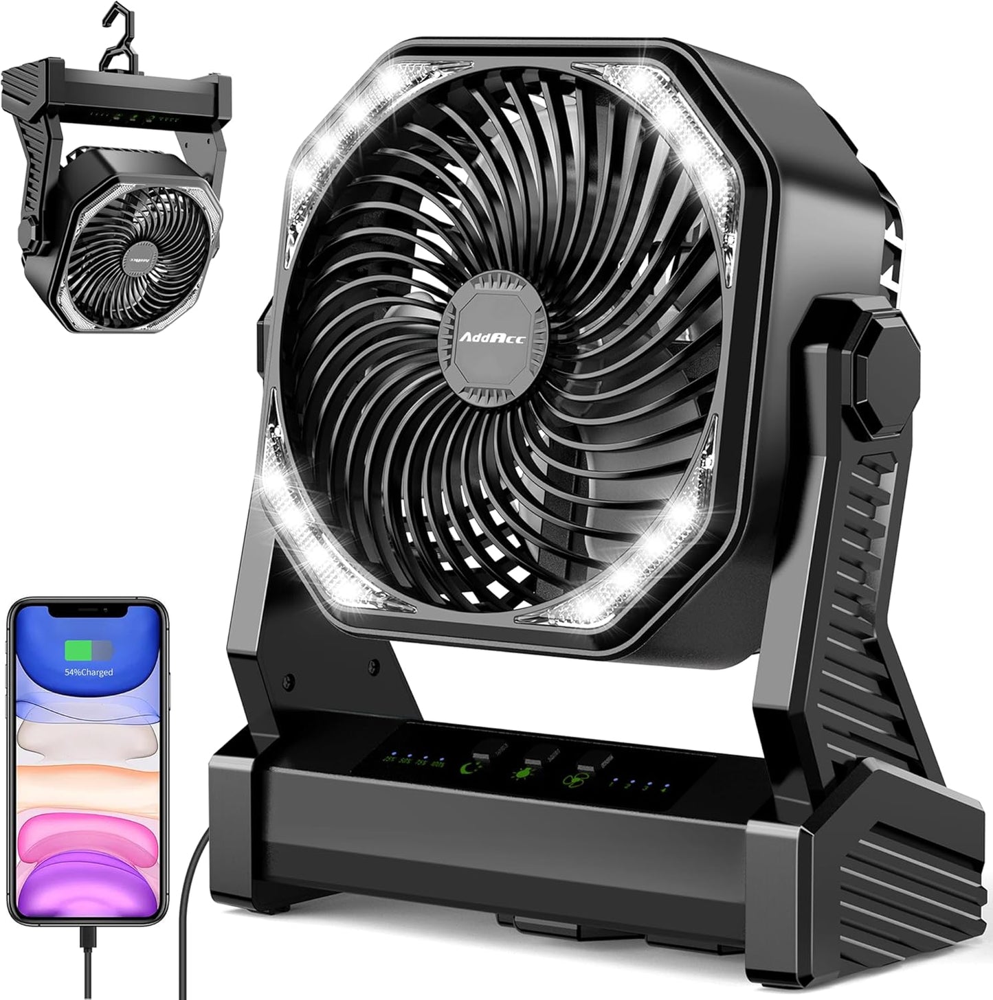 20000mAh Battery Powered Camping Fan, 58Hrs Rechargeable Portable Fan, 400LM Light, 360° Hook, Whisper Quiet Battery Operated Fan for Outdoor Car Travel Gear Essentials Power Outages Co-brand AMACOOL