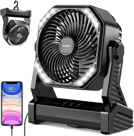 20000mAh Battery Powered Camping Fan, 58Hrs Rechargeable Portable Fan, 400LM Light, 360° Hook, Whisper Quiet Battery Operated Fan for Outdoor Car Travel Gear Essentials Power Outages Co-brand AMACOOL