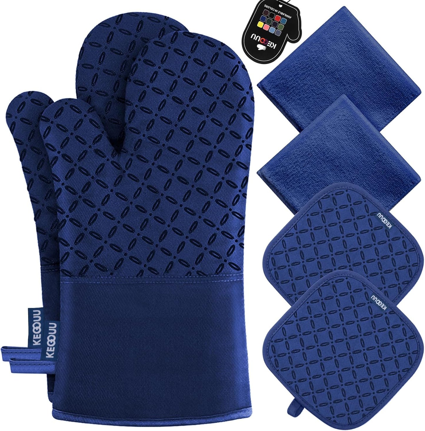 KEGOUU Oven Mitts and Pot Holders 6pcs Set, Kitchen Oven Glove High Heat Resistant 500 Degree Extra Long Oven Mitts and Potholder with Non-Slip Silicone Surface for Cooking （Greenish Gary）