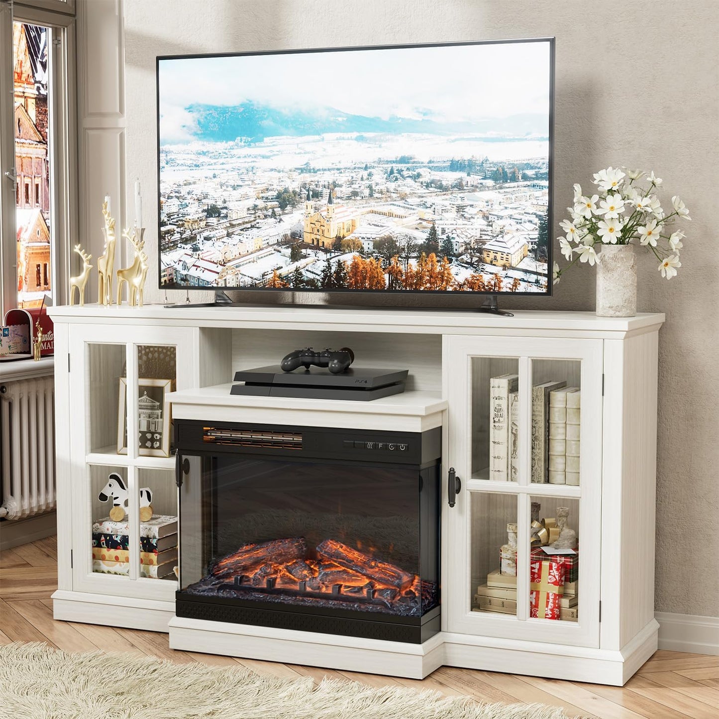 JUMMICO Fireplace TV Stand up to 65", 3-Sided Glass, Distressed White | Entertainment Center with Cabinet Storage, Adjustable Flame and LED Colors, Media Console for Living Room