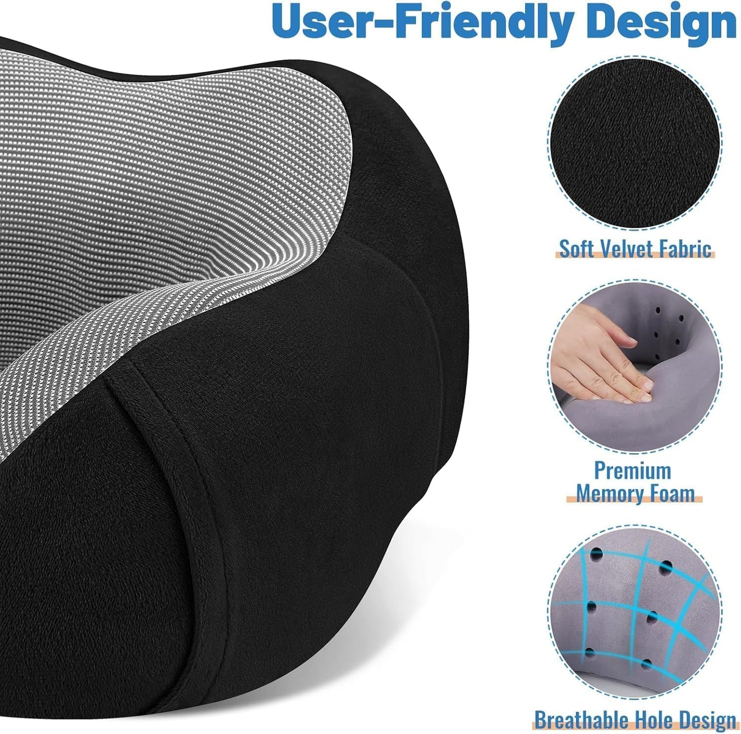 CloudBliss Travel Pillow for Airplane, Memory Foam Neck Pillow for Travel, Compact Flight Pillow with Eye Mask, Earplugs, Carry Bag, Travel Neck Pillow for Long Flight Sleep, Plane Accessories, Black