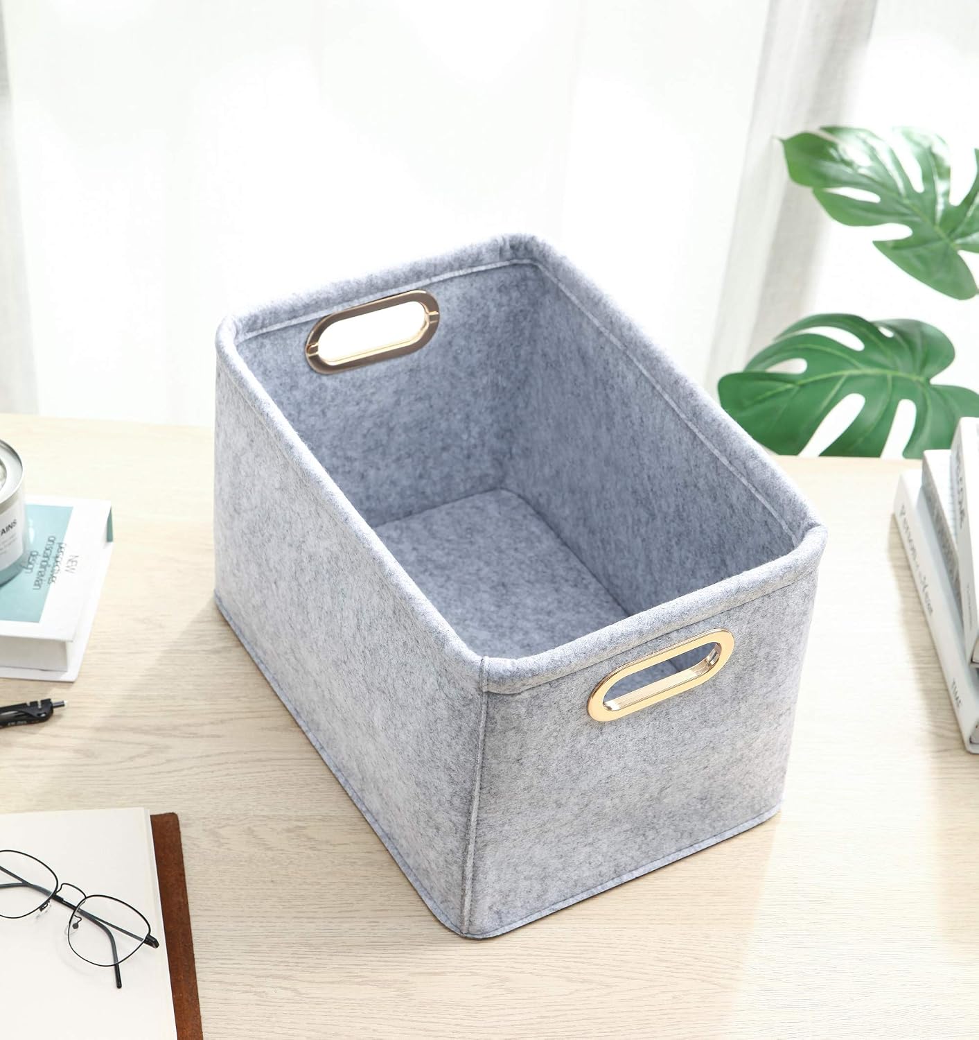 Collapsible Storage Bins Foldable Felt Fabric Storage Basket Organizer Boxes Containers with Handles Metal Handles for Nursery Toys,Kids Room,Clothes,Towels,Magazine (Light grey, 15.9L×11W×9.8H)