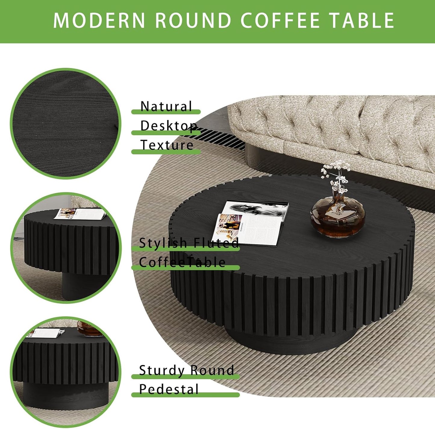31.5" Modern Drum Coffee Table, Black | Unique Fluted Round Coffee Table, Contemporary Handcrafted Wood Tea Table for Living Room