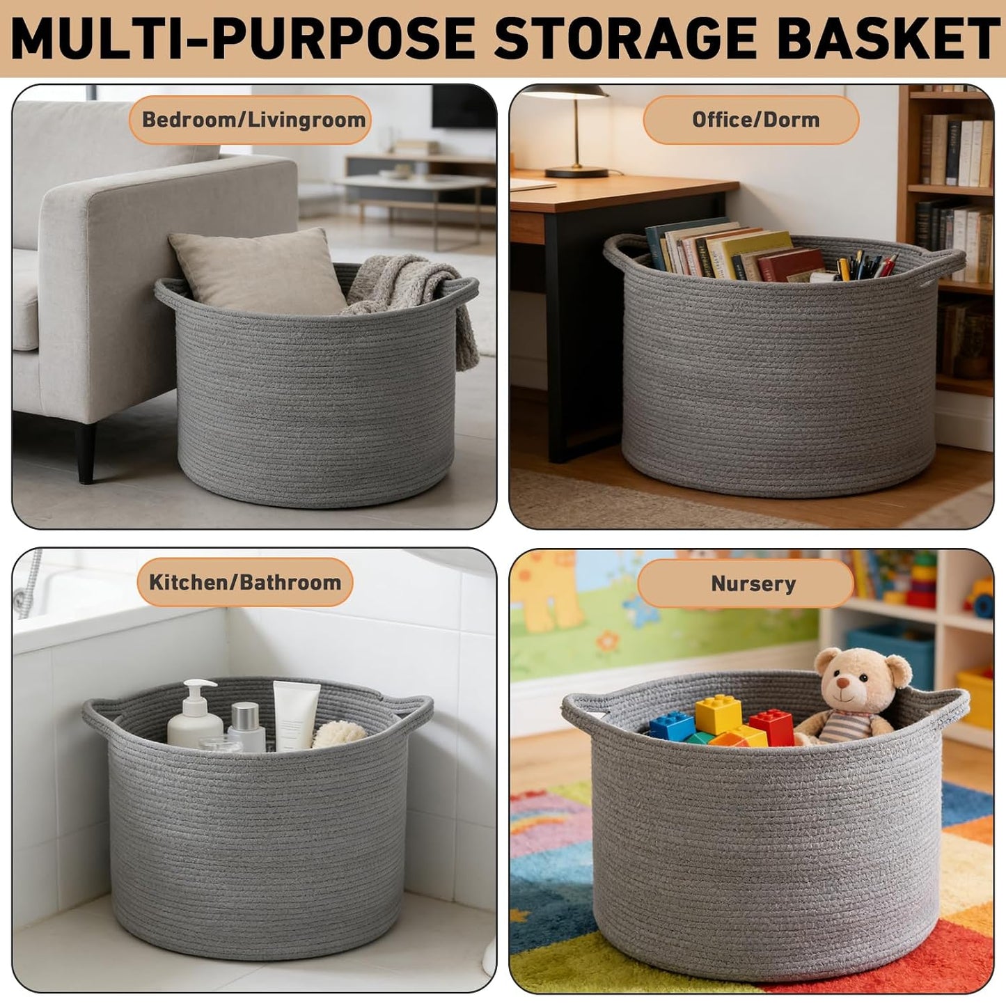 65L Large Blanket Basket,Woven Rope Laundry Basket-Dark Grey | Collapsible, reinforced handles, nursery storage bin organizes clothes, toys and pillows for living room, bedroom bathroom.