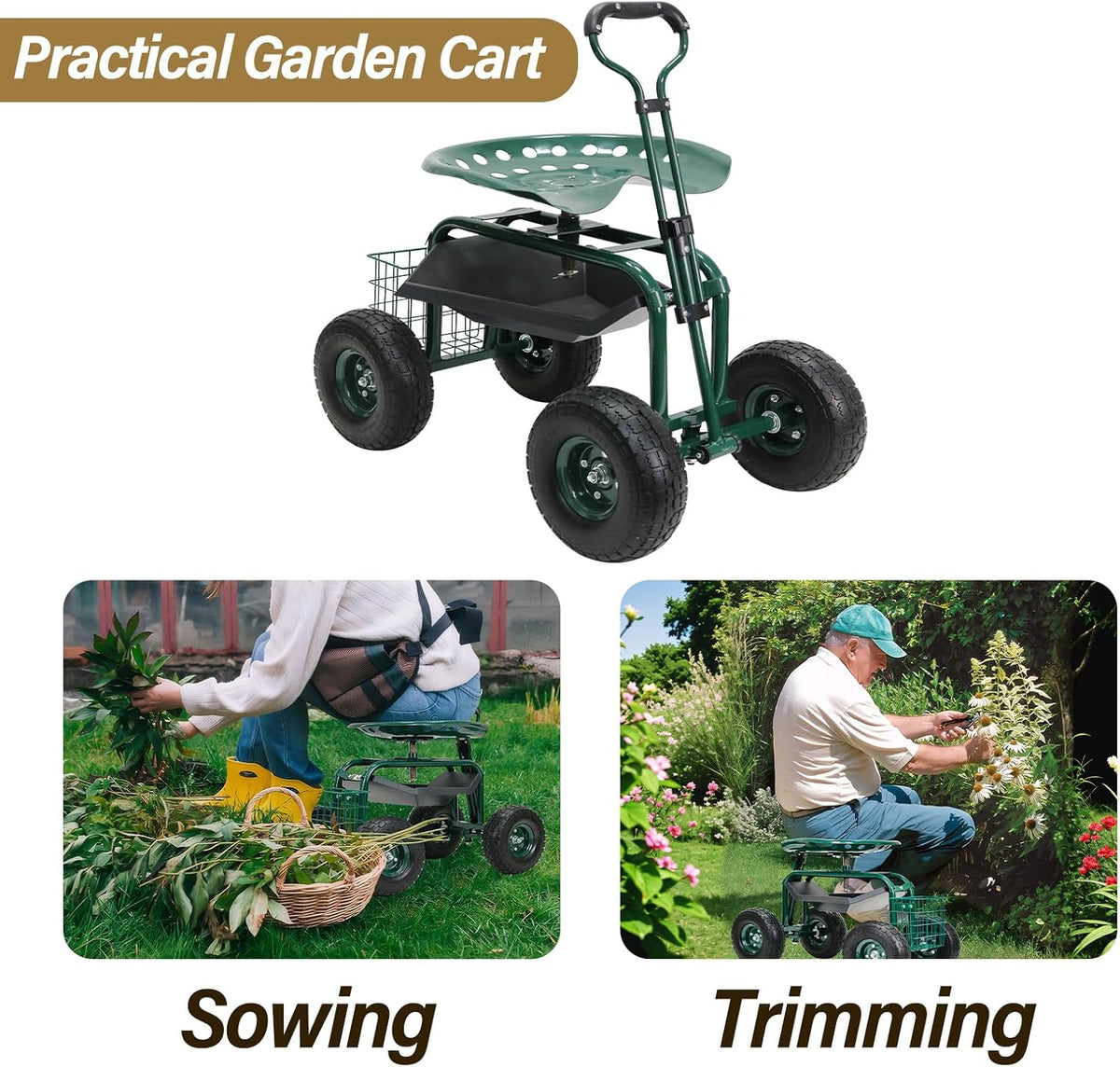 BDL Garden Cart Outdoor Rolling Garden Workseat with Wheels, Heavy Duty Garden Tool Cart with Extendable Handle and Storage for Seniors Yard Gardening Work