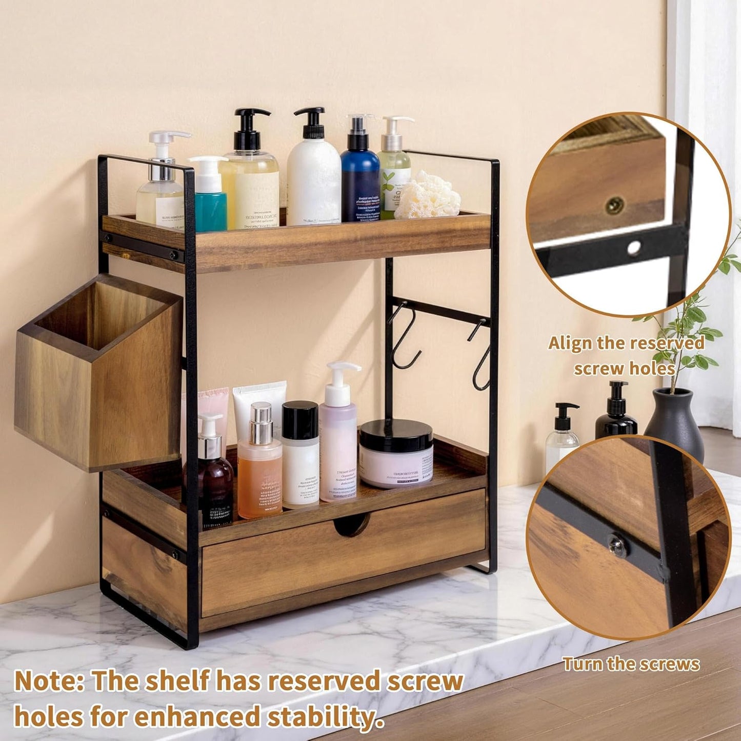 2-Tier Bathroom Counter Organizer with Drawer and Basket, Acacia Wood Countertop Organizer for Storage, Skincare Organizers for Vanity, Counter Shelf for Bathroom Organization(Acacia Wood-Dark Brown)