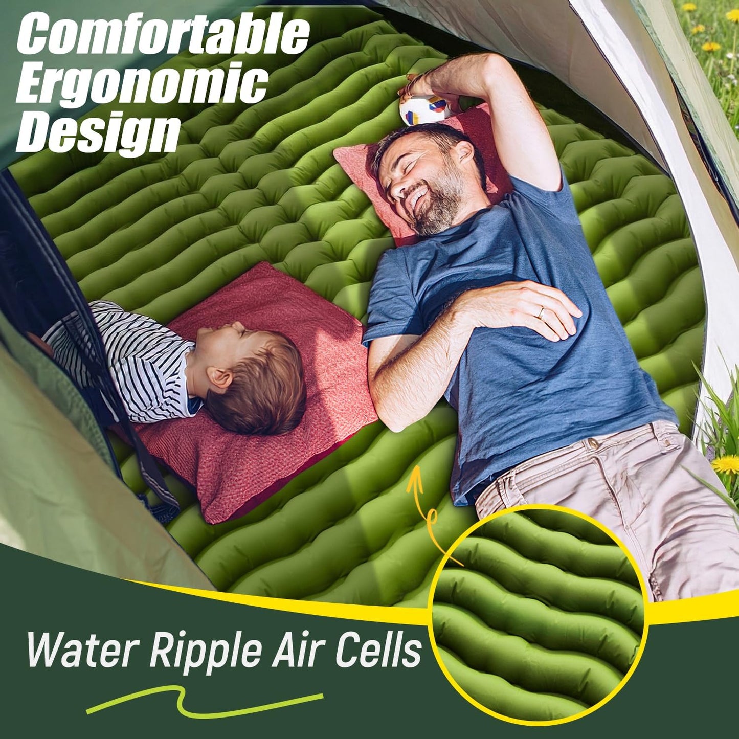 Yuzonc Double Sleeping Pad - Self Inflating 4" Extra-Thick for 2 Person with Pillow Built-in Foot Pump Inflatable Sleeping Mat for Backpacking, Hiking, Traveling, Tent, Portable Camping Mat
