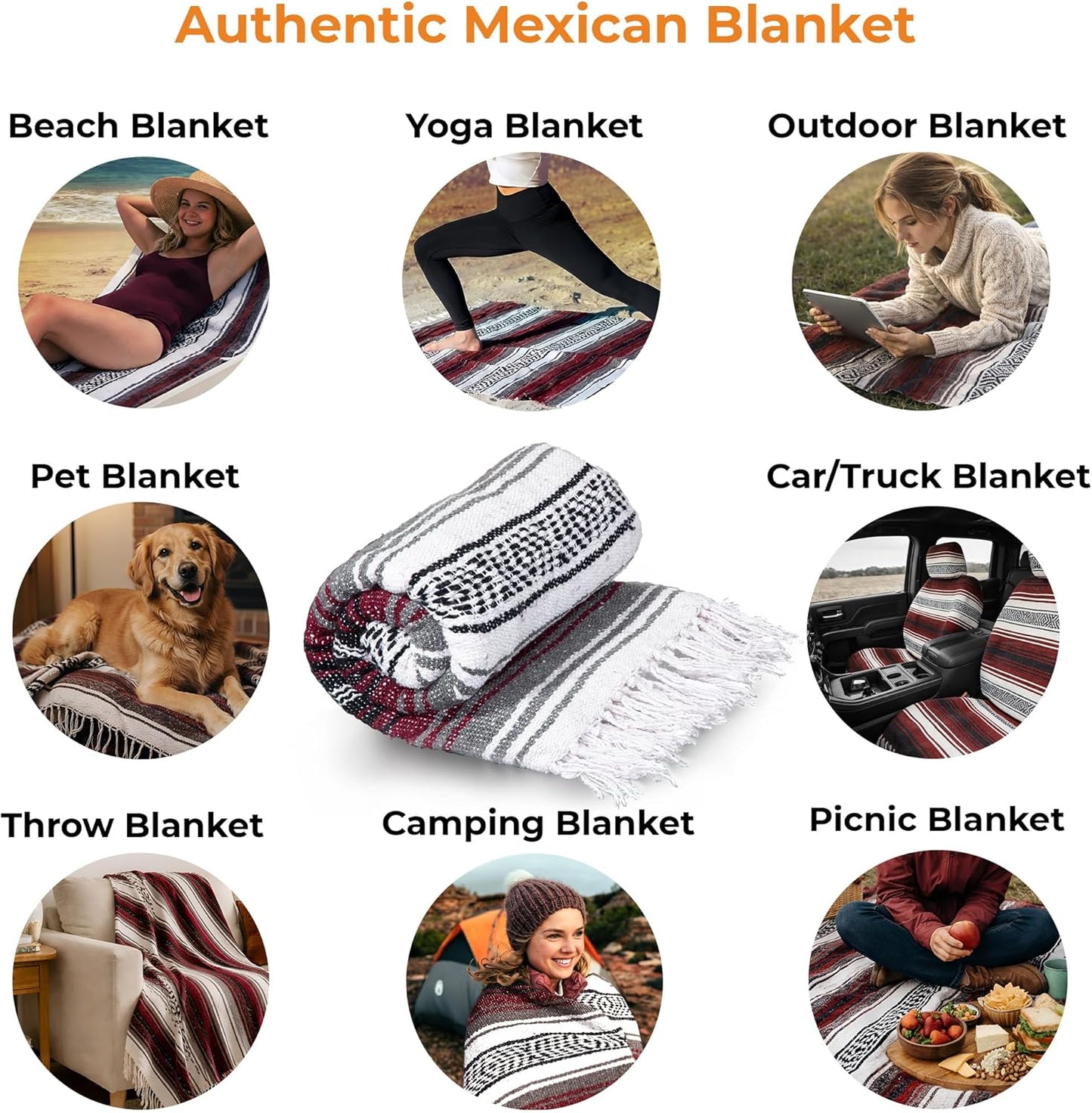 Mexican Blanket (Authentic Handmade Falsa) - Durable, Lightweight Baja Indian Blanket for Yoga, Beach, Camping, Picnic, Car/Truck, Outdoor Mexican Throw, Baja Saddle Blanket, 70"x50", Cherry