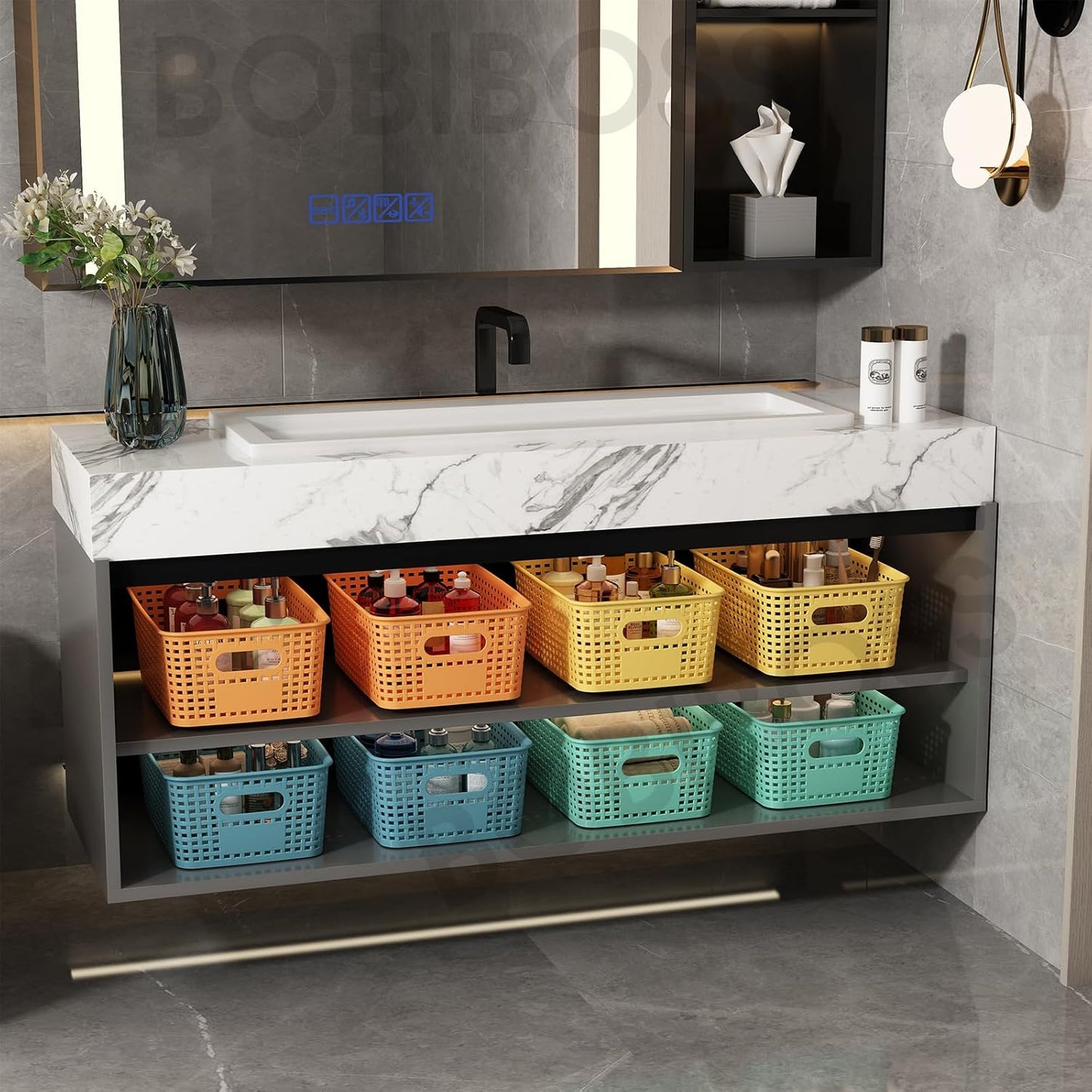 Colorful Plastic Storage Baskets with Lids 8 Pack Stackable Storage Bins Containers for Shelves Organizing, Colored Cute Decorative Storage Boxes for Classroom, Playroom, Closet, Pantry