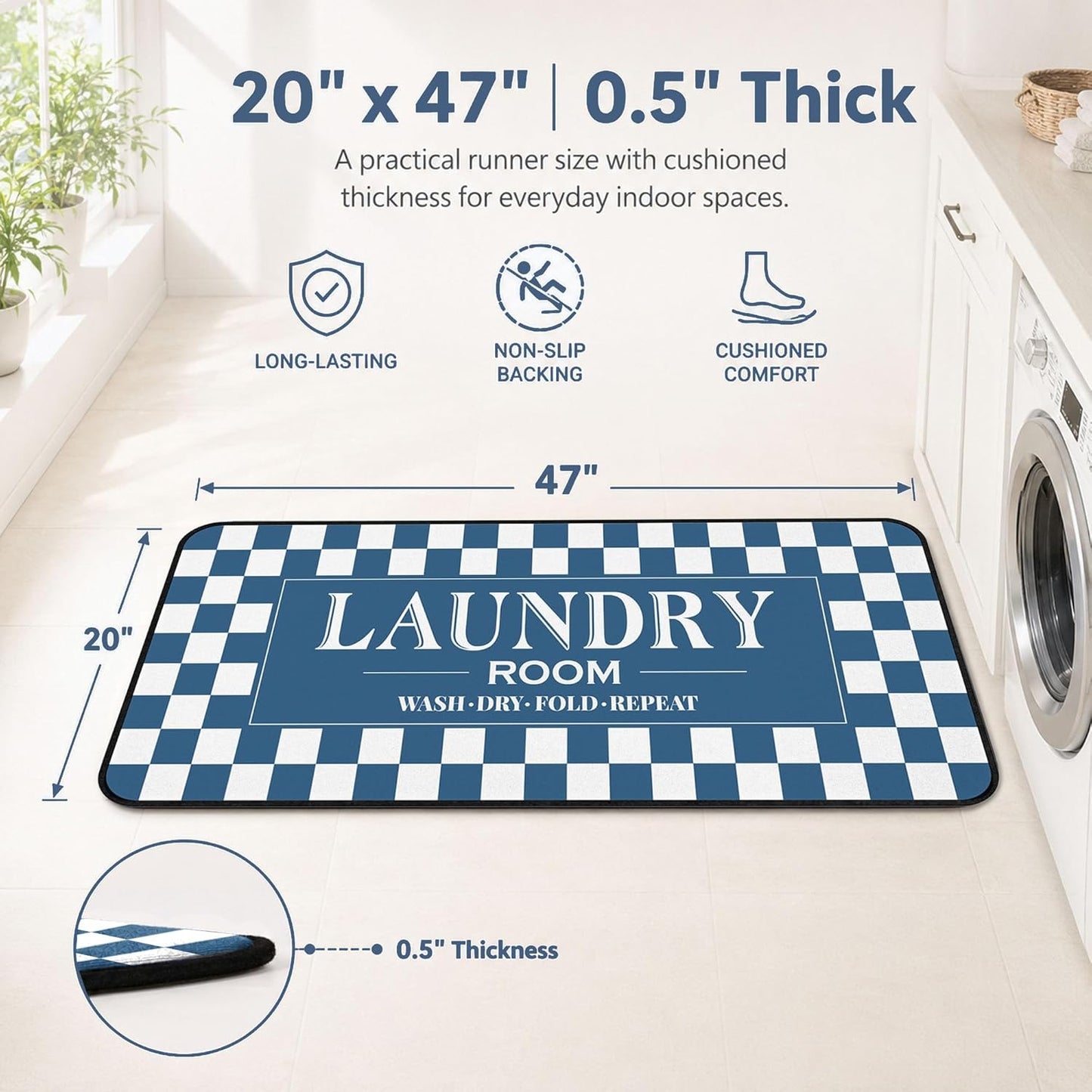ROMAMIGO Laundry Room Rug Runner Non Slip Laundry Mats Mudroom Laundromat Runner Farmhouse Kitchen Floor Mat Bathroom Laundry Room Decor Accessories(20 X 47 inch, Blue Checkerboard)