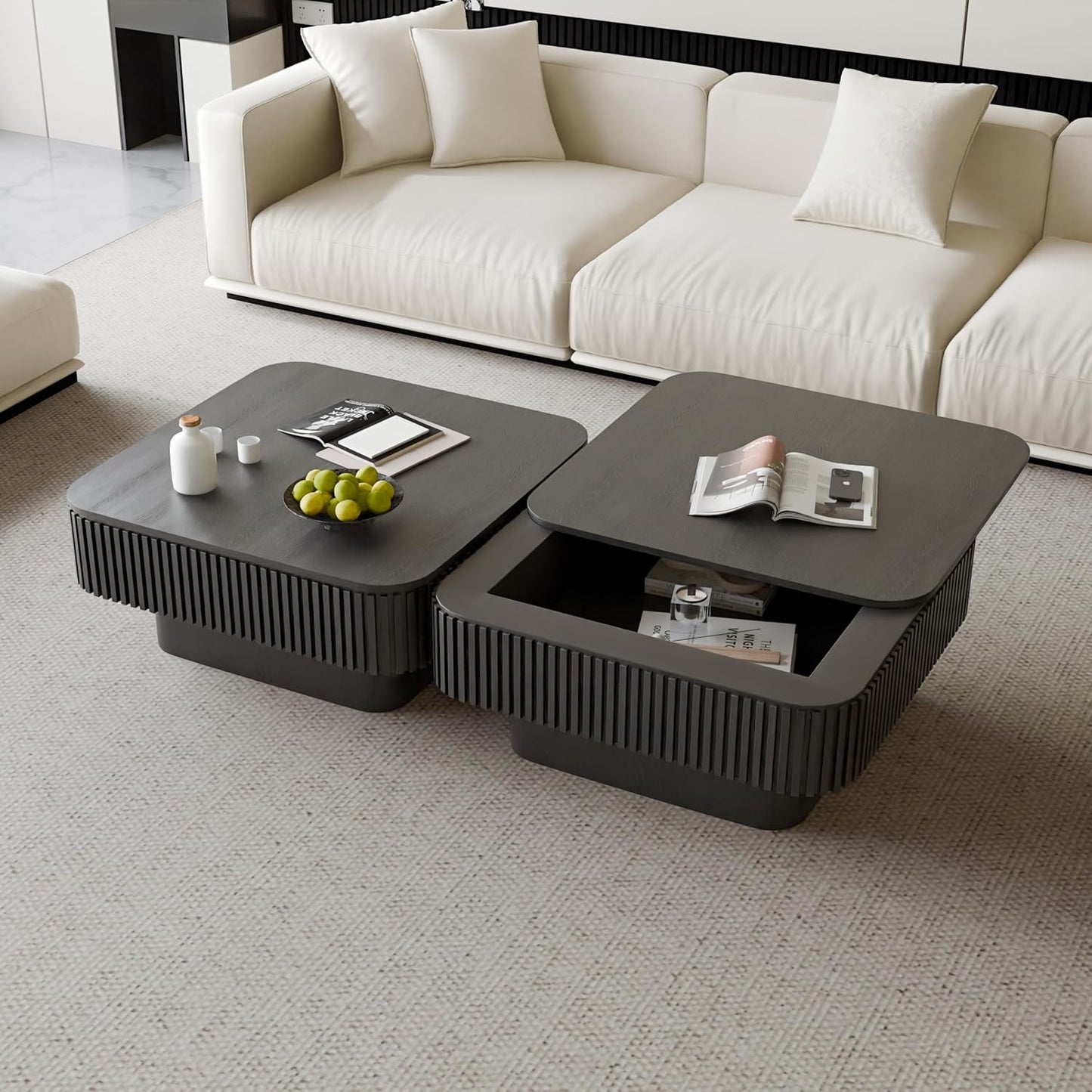 31.5" Square Coffee Table with Hidden Storage Compartment, Modern Handcraft Fluted Drum Coffee Table, Wooden Square Center Table Cocktail Tea Table with Sturdy Pedestal for Living Room, Black