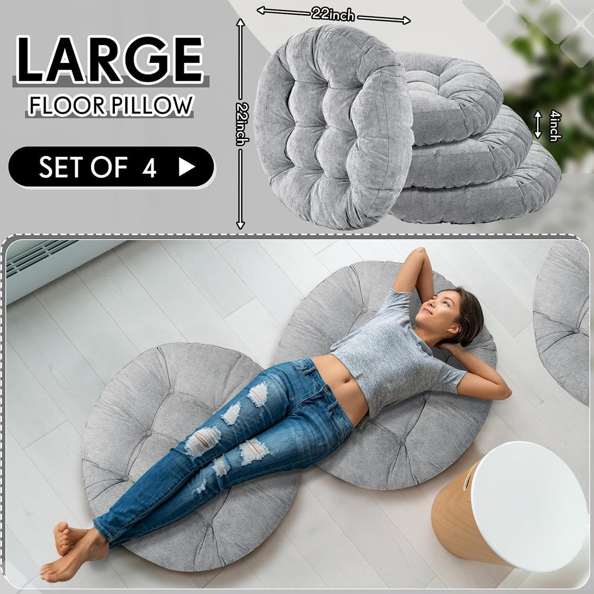 Jerify Light Grey 4 Pcs Large Floor Pillow Cushion,Round 22 x 22