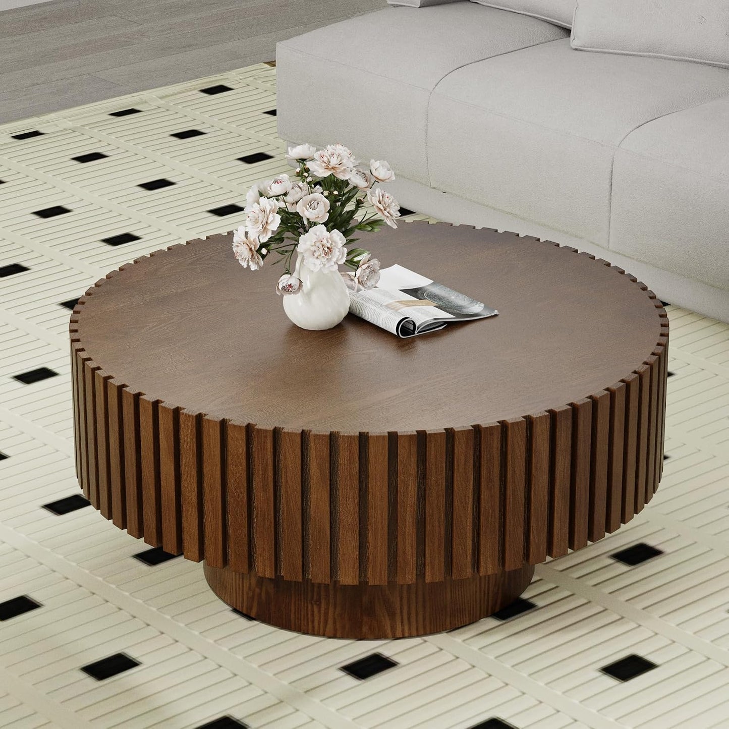 31.5'' Round Coffee Table (Round Brown) | Modern Handcraft Drum Coffee Table, Unique Fluted, Wood Center Table, For Small Space, Farmhouse Apartment Office