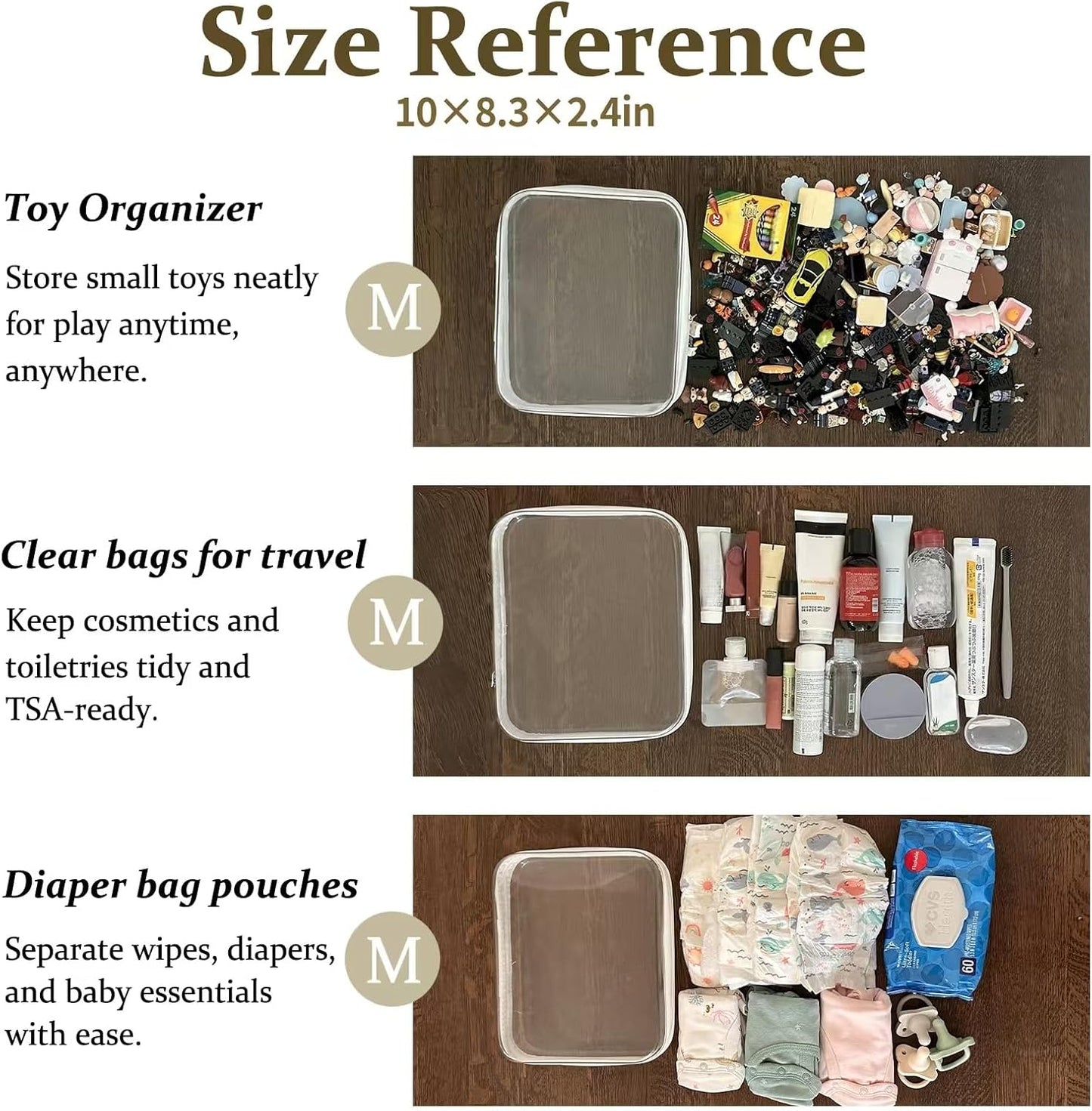4 pcs Clear Zipper Pouches,Hard Shell Zipper Case, Toiletry Bag for Travel, CLear Diaper Bag, Toiletry Pouch, Travel Organizer, Cosmetic Bag,Toy Storage Bins (M+3S)(Black)