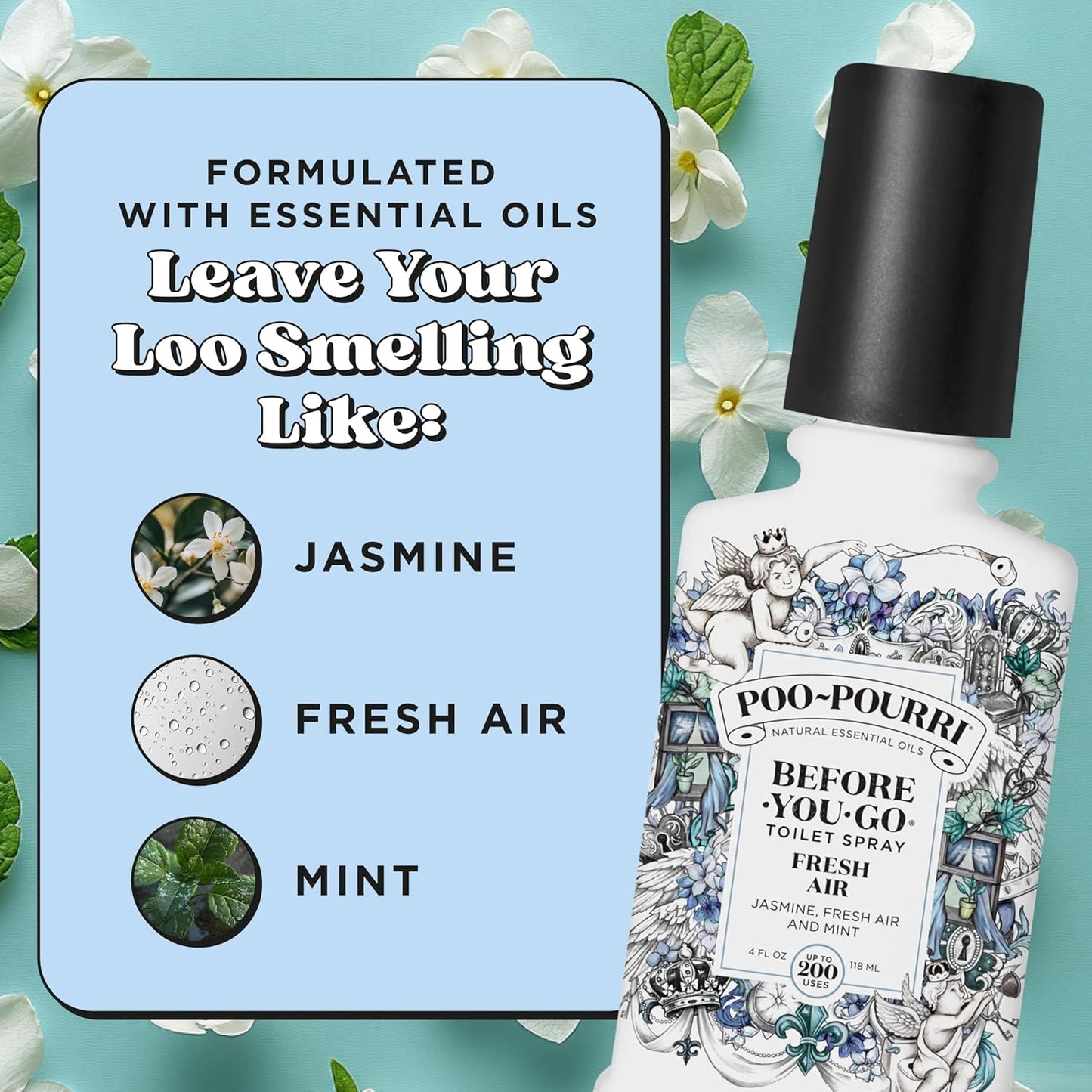 Poo-Pourri Before-You-Go Toilet Spray, Fresh Air, 4 Fl Oz, Up to 200 Uses, Bathroom Odor Deodorizer , Plant-Based with Essential Oils, for Home or Work, Jasmine, Fresh Air and Mint Scent