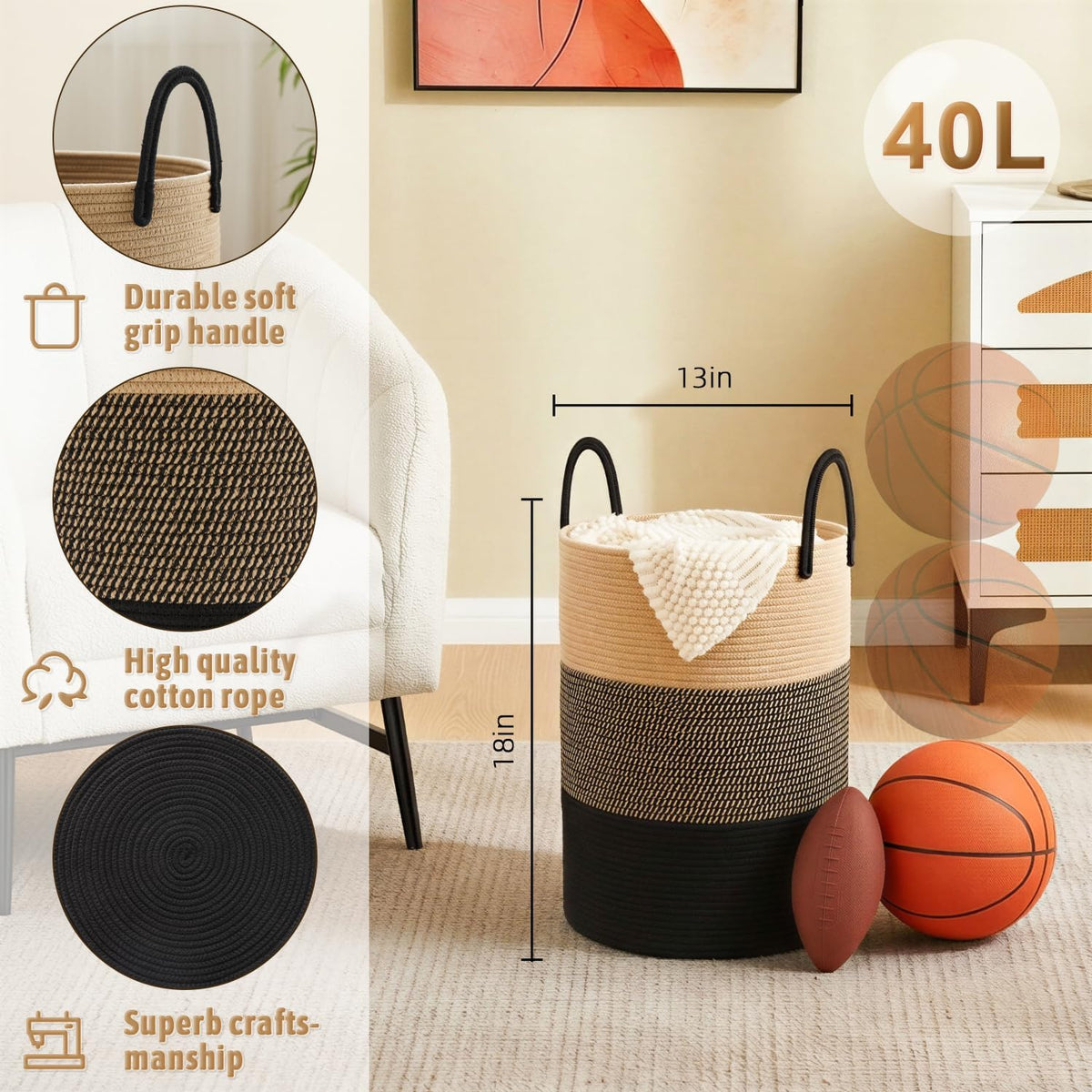 Artfeel Laundry Basket,Woven Cotton Rope Laundry Hamper,40L for Decorative Storage of Dirty Clothes,Toys and Blankets in Bathroom,Bedroom and Living Room